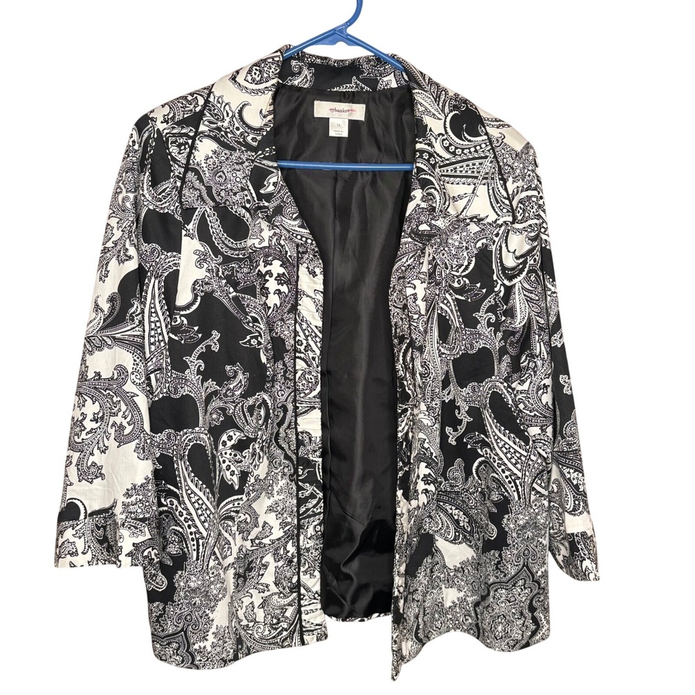 CJ Banks Paisley Blazer Women 1X Black White Excellent Open Front 3/4 Sleeve